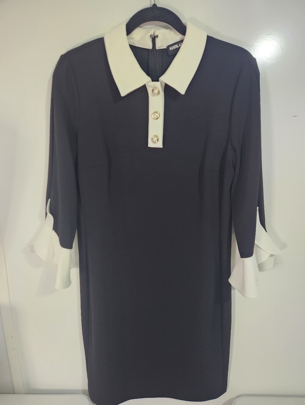 Karl Lagerfeld Black Dress with White Collar and Cuff Detail, Size 10